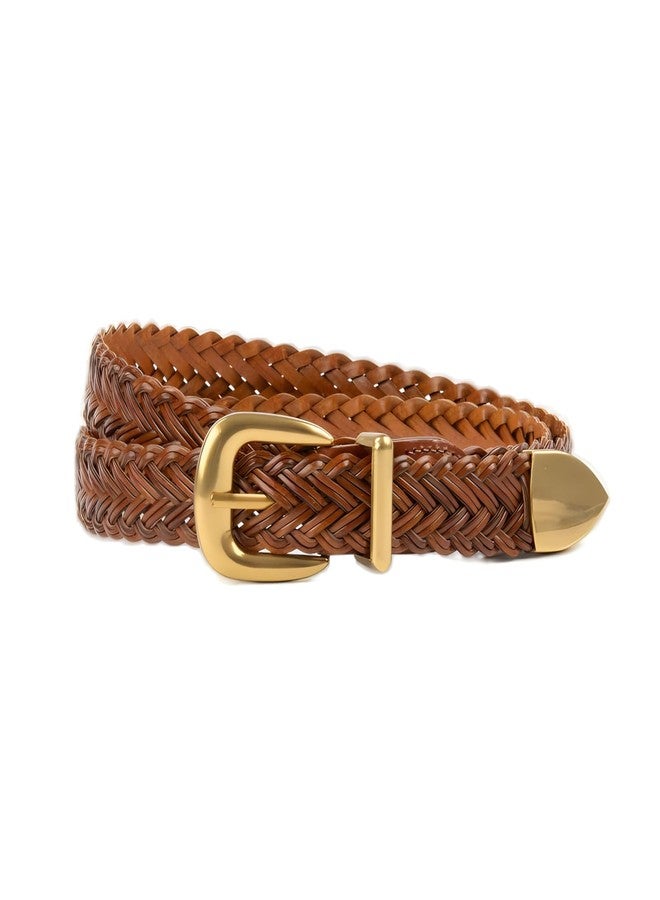ANNULOYA Women's Braid Leather Belt,Skinny Woven Waist Belt with Gold Buckle,Dress and Jeans Belt (Brown, Length:110cm(Suit 19.5-37inch)) - Image 1